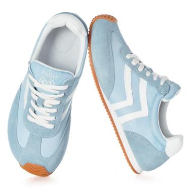 Imagem de Tênis fashion feminino casual de largura larga, couro legítimo, tênis de caminhada, moderno, leve, confortável, cadarço antiderrapante, para uso ao ar livre, com palmilha de espuma viscoelástica, Azul