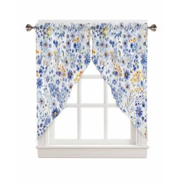 Imagem de Victoroes Cortinas de sanefa Plants Swag, cortinas de estilo fazenda, azul, amarelo, flores silvestres com bolso para varão, saia de cozinha, para sala de estar, banheiro, janela, 91 cm L x 91 cm C