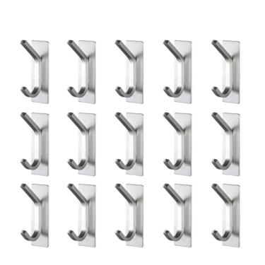 Imagem de Gancho para toalhas de banheiro de aço inoxidável, 4 a 20 peças, sem necessidade de perfuração, à prova de ferrugem, cabide de parede resistente, preto e branco, gancho para roupão, prata, 15 peças
