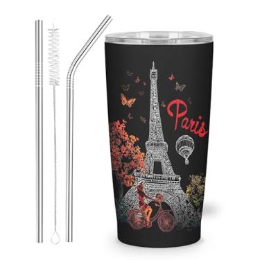 Imagem de NOXOZNMOK Torre Eiffel Paris copo com tampa e canudo para mulheres à prova de vazamento caneca de café de viagem copos isolados de parede dupla 590 ml presentes para escritório cozinha ao ar livre