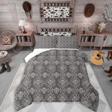 Imagem de Erosebridal Conjunto de edredom gótico damasco, boêmio, vintage, floral, para quarto de adolescentes, mulheres, homens, edredom boêmio, exótico, estilo vitoriano, barroco, cinza