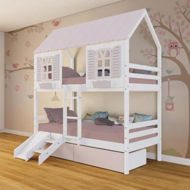 Imagem de Beliche Casinha Bela com 2 Gavetas Rosa Kit Escada/Escorregador - Madeira Maciça Branco/Rosa | Housin