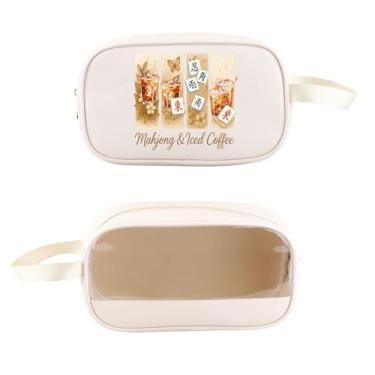 Imagem de PXTIDY Mahjong and Iced Coffee Bolsa de Higiene Pessoal Transparente Lucky Mahjong Jogo de Tabuleiro Presente para Jogadores Amantes de Café Maquiagem Bolsa Cosmética, Bege, Tendência