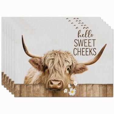 Imagem de Jogo americano Farmhouse Highland Cow, conjunto de 6 tapetes de mesa de animais de fazenda, antiderrapante, lavável, para festa, cozinha, sala de jantar, decoração de 30 x 45 cm