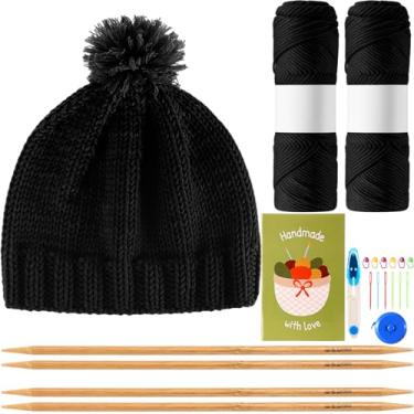 Imagem de Maasechs Kits de tricô para iniciantes e adultos, conjunto completo de tricô com fio de agulhas de bambu, kit de crochê para iniciantes com acessórios completos de crochê para mulheres e homens (preto