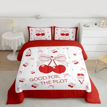 Imagem de Feelyou Jogo de cama solteiro com laço de coquete vermelho cereja e nó de coquete com nó de coquete personalizado, letra A, edredom para mulheres e adolescentes, 2 peças com 1 fronha