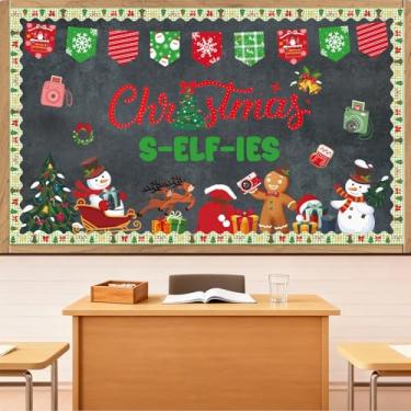 Imagem de Aposwow Decorações de quadro de avisos de Natal - Selfies de Natal, conjunto de decorações de sala de aula, recortes de papel de boneco de neve, quadro de avisos, decoração escolar, lousa escolar