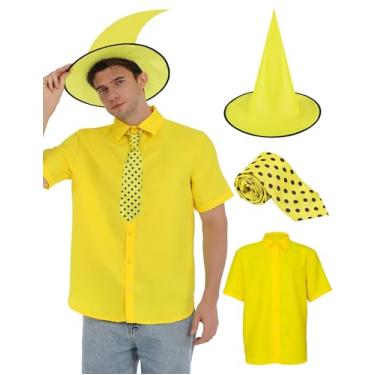 Imagem de Conjunto de 2 peças de chapéu amarelo para homens e mulheres, conjunto de roupa de cosplay de Halloween - chapéu de feltro com cinto preto e gravata com bolinhas pretas (GG)