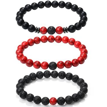 Imagem de XIANNVXI Conjunto de pulseiras masculinas com contas de pedra natural de 3/4 peças, 8 mm, olho de tigre, pedra vulcânica, obsidiana, cristal preto, contas elásticas para homens e mulheres, joias