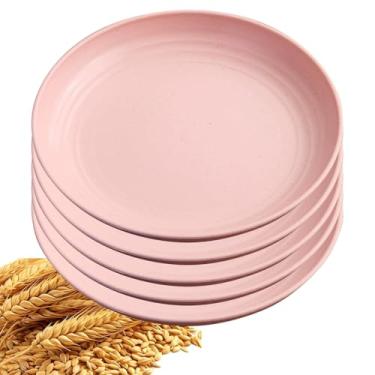 Imagem de YuanQ Conjunto de pratos de jantar com 5 peças, inquebrável, reutilizável, leve, placa de borda lisa, lavável na lava-louças e no micro-ondas (rosa, 25,4 cm)