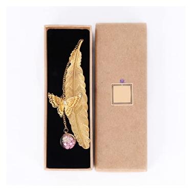 Imagem de SUNESA Marcador de página de pena de metal com pingente de contas de vidro 3D, presente para leitoras, mulheres e crianças, marcador de página de metal com penas douradas