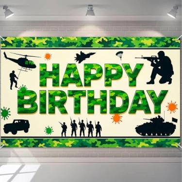 Imagem de HOMETITUTE Banner de camuflagem militar feliz aniversário soldados do exército helicóptero decorações de tanque para fãs militares festa de aniversário cenário interno e externo 71 x 43 polegadas