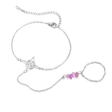 Imagem de Dreamtimes Pulseira de anel de dedo pulseira de ametista elegante pulseira de nó de bruxa para mulheres joias de bruxaria de aço inoxidável roxo natural contas irregulares pulseiras energéticas