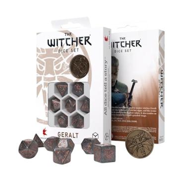 Imagem de The Witcher Dice Set: Geralt – Price of Neutrality by Q Workshop | 7 Polyhedral Dice & Metal Coin | Shimmering Gray with Copper Engravings | Officially Licensed Tabletop RPG Set