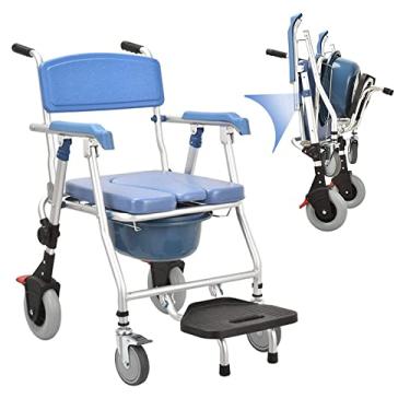 Imagem de Cadeira de vaso sanitário para quarto com rodas, cadeira de rodas dobrável de transporte de cômoda para idosos e deficientes, cadeira de vaso sanitário com rodas com apoio para os pés e vaso sanitário