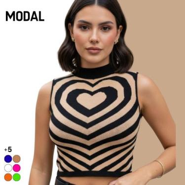 Imagem de Blusa Cropped Regata Sem Manga Feminina Modal Estampa de Coração - Vit