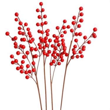 Imagem de Galho de Azevinho Artificial Vermelho para Decoração, Haste Flexível, Enfeite Natalino com Frutinhas Tipo Cereja Berry, Ideal para Arranjos, Guirlandas e Vasos Decorativos