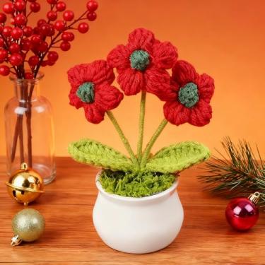 Imagem de 1 peça de decoração feita à mão de Papai Noel, enfeite festivo de vaso de flores com design de lã de malha, decoração de mesa para casa
