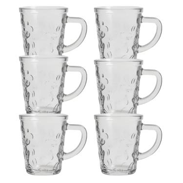Imagem de Conjunto de 6 Xícaras de Vidro Transparente 70ml Design Floral em Relevo Clássico com Alça para Chá e Bebidas Quentes Capuccino Expresso Café Cozinha Copa Escritório Recepção Premium
