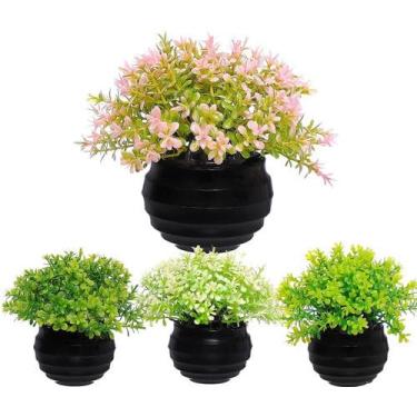 Imagem de Mini Vasinho com Flores Artificiais – Decoração para Casa, Escritório e Quarto – Vaso de Plástico com Plantas Realistas (Modelo Enviado Aleatoriamente)(1 VASO PRETO)