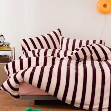 Imagem de Bedbay Conjunto de edredom King com listras marrons de veludo, estilo king, moderno, listrado, 2 fronhas, leve, 3 peças, conjunto de cama boho, casa de fazenda, listrado, fofo