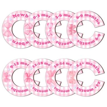 Imagem de 8 peças divisórias de armário de bebê, divisórias de roupas de bebê com laço rosa para armário, coisas de bebê recém-nascido para meninas, organizador de cabide de madeira dupla face de recém-nascido