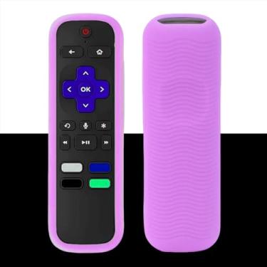 Imagem de Capa para controle remoto compatível com controle remoto Roku TV/Roku Express/Streaming Stick/Premiere, capa de silicone universal para controle remoto Roku Voice com cordão - Roxo brilhante