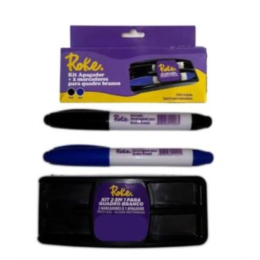 Imagem de Kit Apagador + 2 Marcadores Quadro Branco Preto e Azul Roke