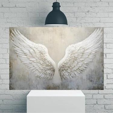 Imagem de Arte de parede em tela rústica vintage com asas de anjo texturizadas brancas - Pôster sem moldura de 30 x 45 cm - Ideia de presente para decoração de casa e escritório para sala de estar, quarto