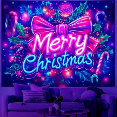 Imagem de BVBOX Tapeçaria de Feliz Natal com Luz Negra Decorações de Natal Tapeçaria que Brilha no Escuro para Quarto Sala de Estar Festa Banners Decoração (laço, 140 cm C x 138 cm L, sem moldura)