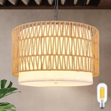 Imagem de Lustres de tambor de vime para sala de jantar, 50 cm 5 luzes (lâmpadas incluídas) luminária de lustre boho, luminária de sala de jantar de fazenda sobre mesa, luminária suspensa para cozinha, sala de