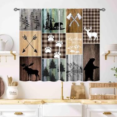 Imagem de Cortinas rústicas de cozinha, urso, cervo, alce, caça, animais selvagens, estilo rústico, estilo campestre de madeira, vintage, tratamentos de janela para quarto, sala de estar, porta de celeiro, 2