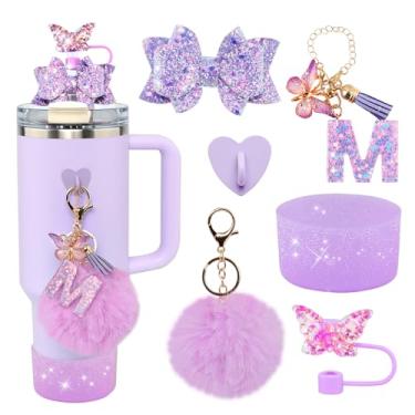 Imagem de Conjunto de 6 peças de acessórios de copo Stanley roxo - tampa de cobertura de palha de borboleta, laço brilhante para canudo, bota de silicone brilhante, pingente de letra e pompom para copos satnley