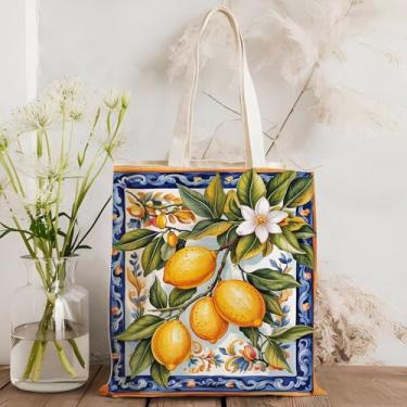 Imagem de Lemons Italian Tiles Canvas Tote Bag for Women Lemon Southern Italy Bolsa de ombro reutilizável para compras viagens trabalho