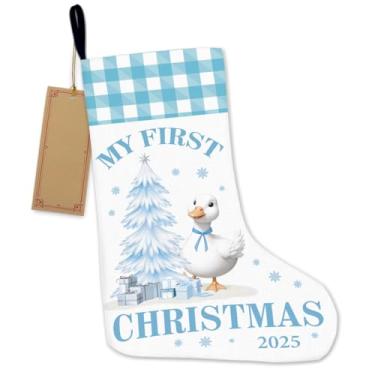 Imagem de RNYJJ Meias de Natal de ganso personalizadas com nome, My First Christmas, meia pendurada para bebê, menino, menina, recém-nascido, meia de Natal de ganso para lareira e decoração de férias