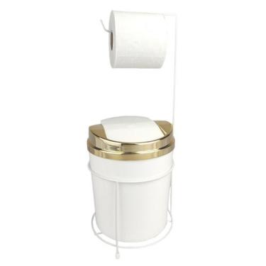 Imagem de Kit Suporte Porta Papel Higiênico Lixeira 5L Cesto Lixo Tampa Basculan