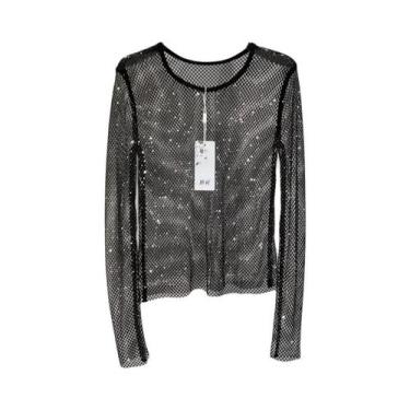 Imagem de Camiseta Feminina Slim Fit Manga Longa - Malha Transparente com Detalh