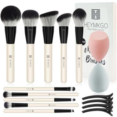 Imagem de HEYMKGO Pincéis de maquiagem, 16 peças, kit de pincéis de base sintética premium com contorno em pó, corretivo, blush, conjunto de pincéis com 2 esponjas de maquiagem e 4 clipes de cabelo para