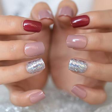 Imagem de 24 peças de unhas postiças quadradas curtas brilhantes de Natal vermelho rosa holográfico glitter unhas postiças ponta francesa acrílico cobertura completa cola em unhas para mulheres, acabamento de
