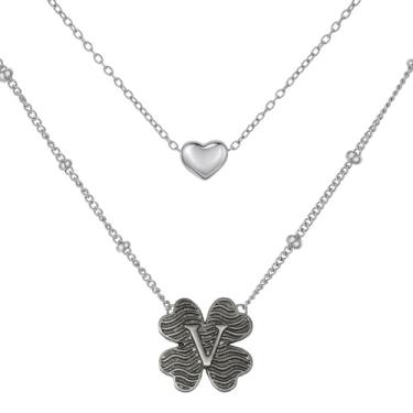 Imagem de MANZHEN Colar feminino com coração e trevo em camadas, inicial A-Z, design decorativo de elos de corrente, joias antigas, 18 Inches, Metal, Sem Pedra Preciosa