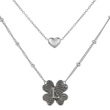 Imagem de MANZHEN Colar feminino com coração e trevo em camadas, inicial A-Z, design decorativo de elos de corrente, joias antigas, 18 Inches, Metal, Sem Pedra Preciosa