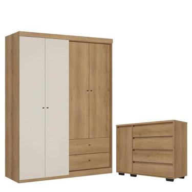 Imagem de Guarda Roupa Solteiro Star 4 Portas Capuccino Off White E Cômoda Com Porta Aurora Cappuccino Acetinado - Thb