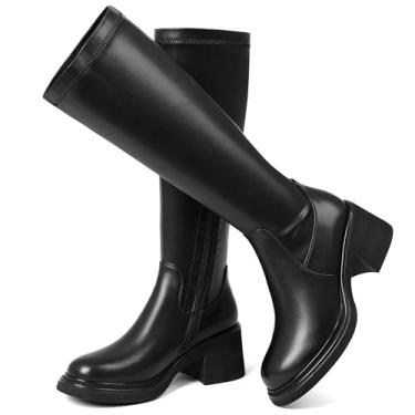 Imagem de SHEOMSIE Botas femininas elásticas até o joelho bico quadrado salto médio grosso com zíper interno botas de equitação altas, Preto, 36