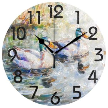Imagem de ZzWwR Relógio de parede redondo grande de 25,4 cm, pintura de patos mandarim, lagoa selvagem, operado por bateria, analógico, silencioso, sem tique-taque, relógio de mesa para casa/cozinha/sala de