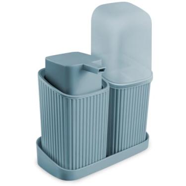 Imagem de Kit Para Banheiro Com Bandeja Sabonete Líquido Porta Escovas (Azul)