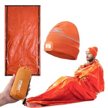 Imagem de IVYWNT Kit de saco de dormir de emergência e gorro de LED – Cobertor portátil de saco Bivy, chapéu de malha quente de inverno com leve, equipamento de sobrevivência à prova d'água para acampamento