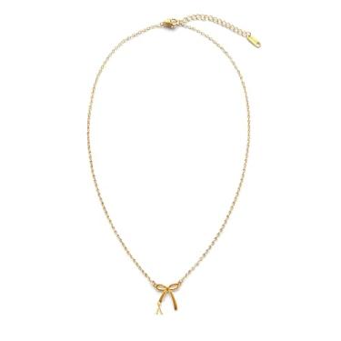 Imagem de Rumgey Colares com inicial para mulheres, colar de laço delicado pequeno com pingente de letra minúscula, colar de aço inoxidável, à prova d'água, moderno, bonito, laço, colar, monograma, nome