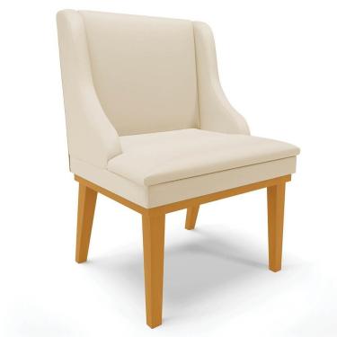 Imagem de Cadeira Estofada Para Sala De Jantar Base Fixa De Madeira Castanho Lia Sintético Bege - Ibiza