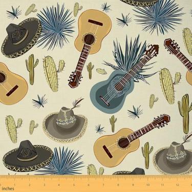Imagem de Tecido estilo mexicano por The Yard Music Guitar Cartoon Cactus Decor Tecidos para suprimentos de costura Chapéu de palha mexicano tecido estampado para estofamento DIY e detalhes em casa 2 metros