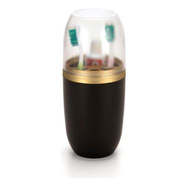 Imagem de Porta Escova, Pasta Dente Tampa Plástica Pia Banheiro Lavabo Viagem(Preto Com Dourado)